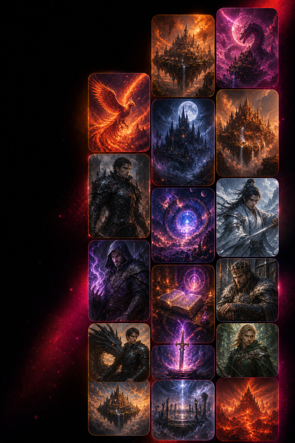 A cinematic mosaic of male fantasy heroes, dragons, enchanted kingdoms, and magical worlds